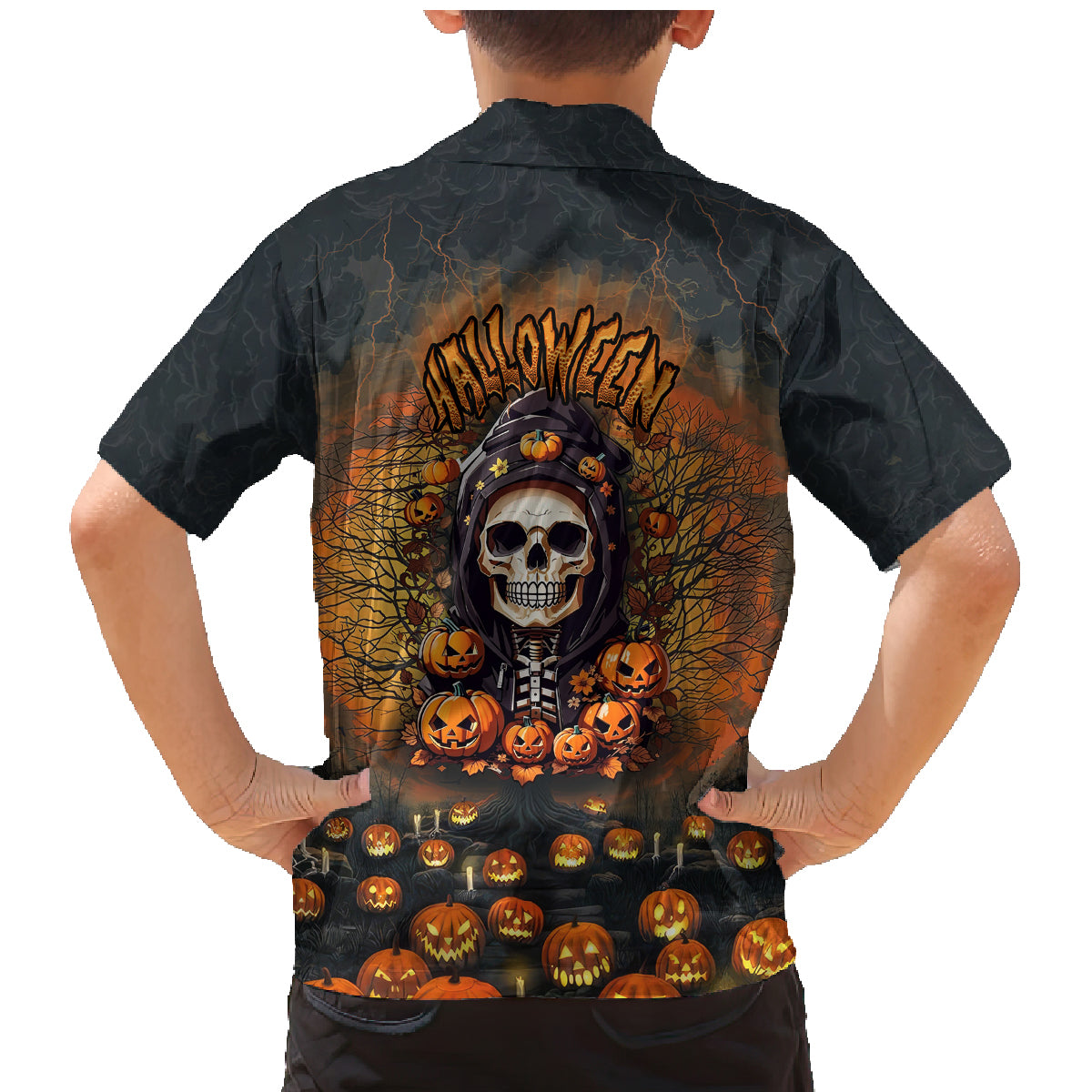 Halloween Skull Family Matching Mermaid Dress and Hawaiian Shirt Pumpkin-Themed - Wonder Print Shop