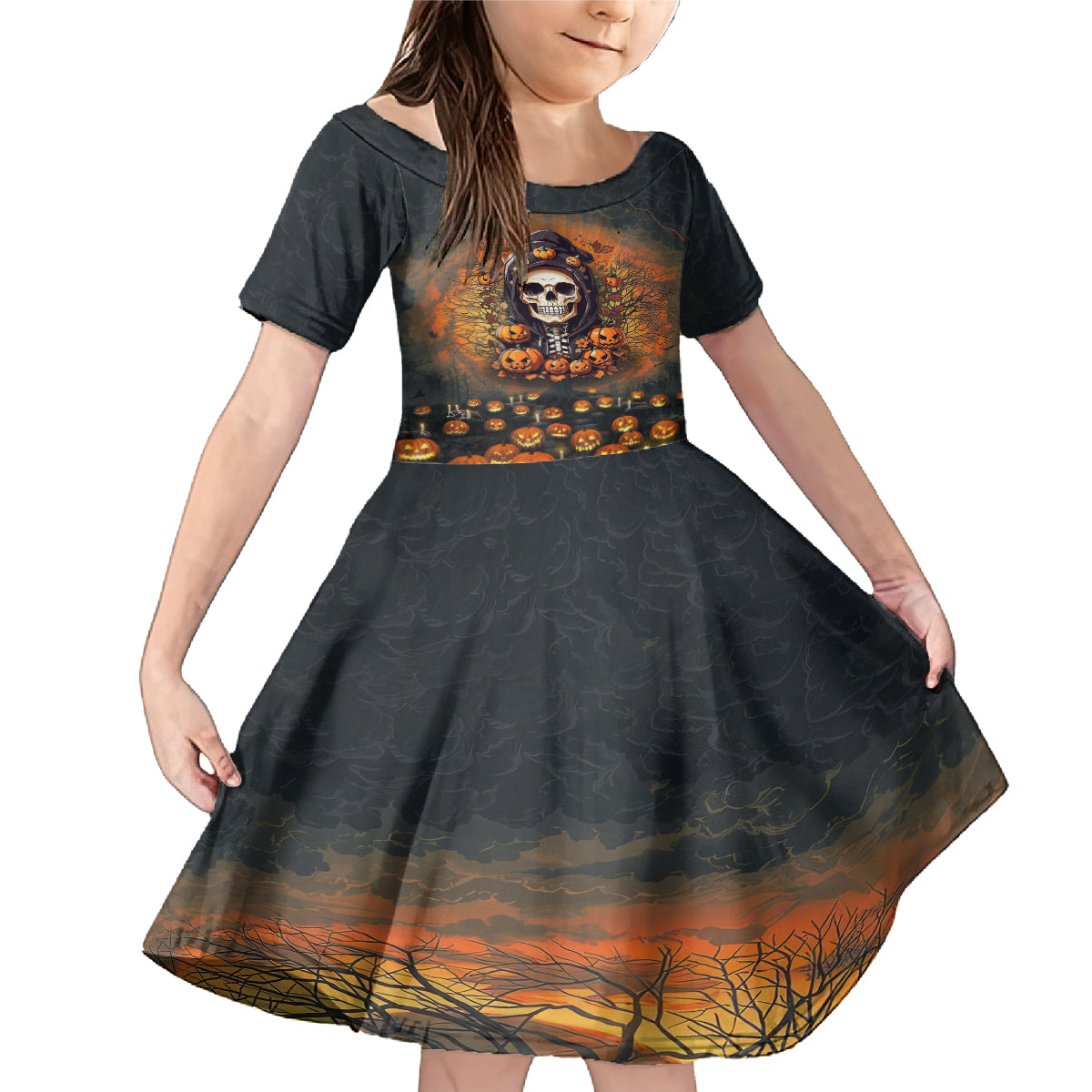 Halloween Skull Family Matching Mermaid Dress and Hawaiian Shirt Pumpkin-Themed - Wonder Print Shop