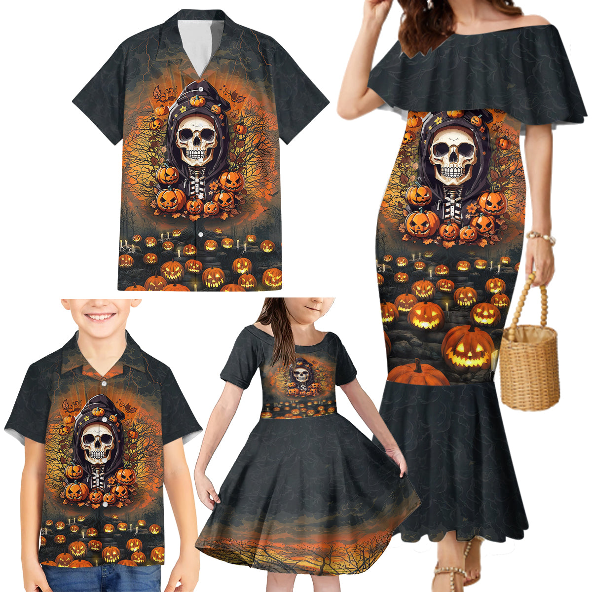 Halloween Skull Family Matching Mermaid Dress and Hawaiian Shirt Pumpkin-Themed - Wonder Print Shop