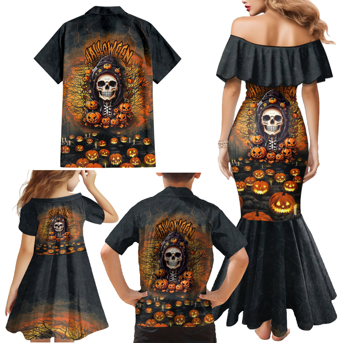 Halloween Skull Family Matching Mermaid Dress and Hawaiian Shirt Pumpkin-Themed - Wonder Print Shop