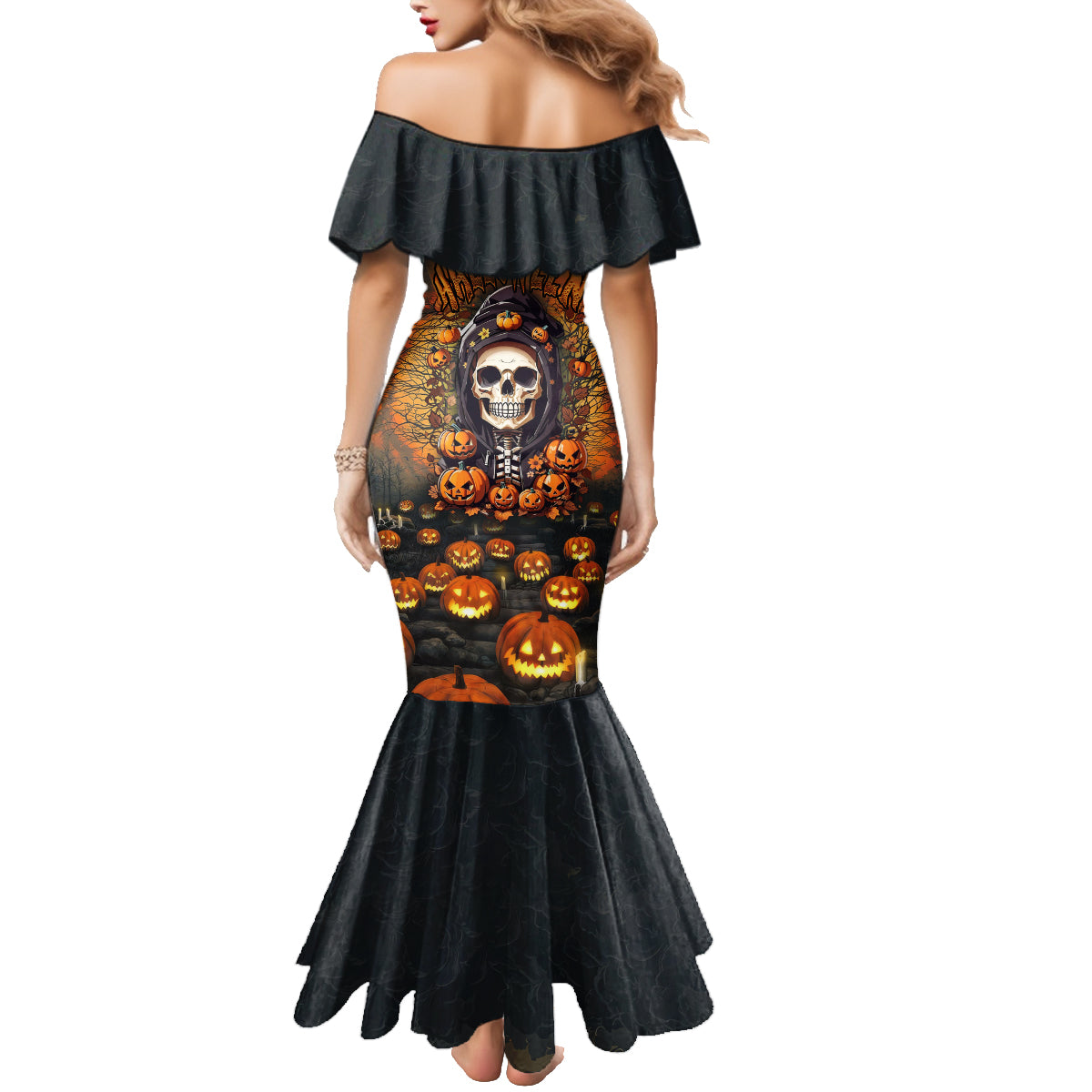 Halloween Skull Family Matching Mermaid Dress and Hawaiian Shirt Pumpkin-Themed - Wonder Print Shop