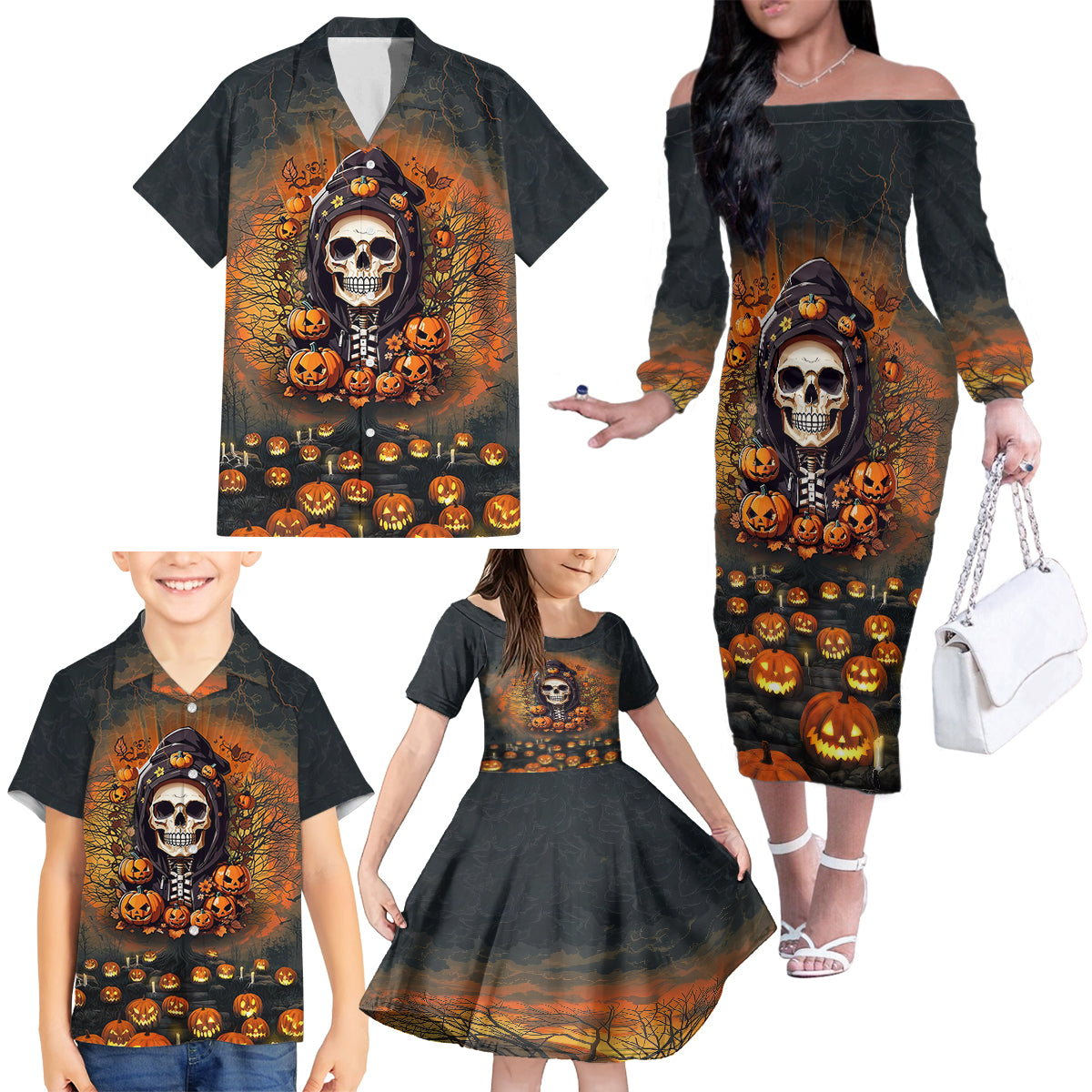 Halloween Skull Family Matching Off Shoulder Long Sleeve Dress and Hawaiian Shirt Pumpkin-Themed - Wonder Print Shop