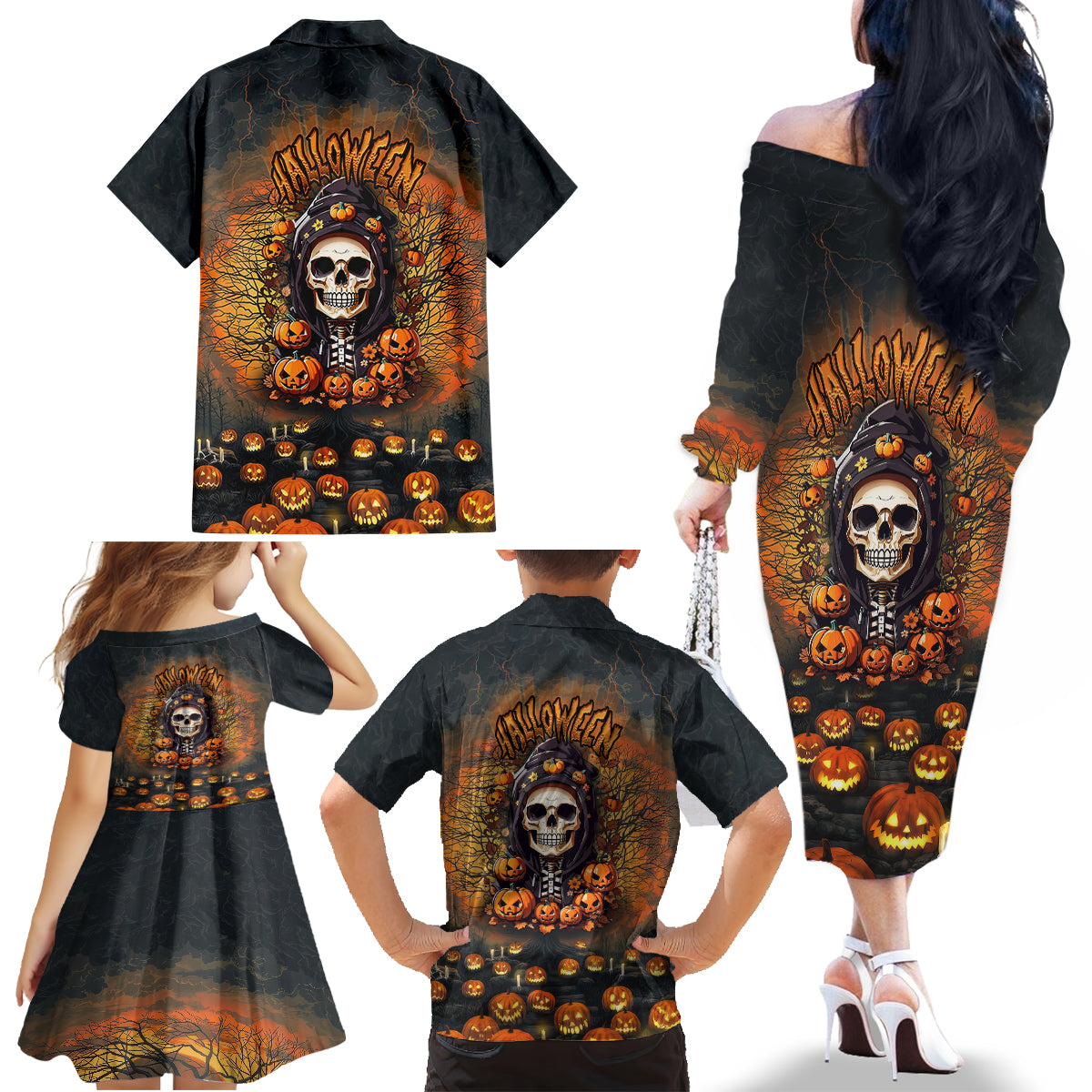 Halloween Skull Family Matching Off Shoulder Long Sleeve Dress and Hawaiian Shirt Pumpkin-Themed - Wonder Print Shop