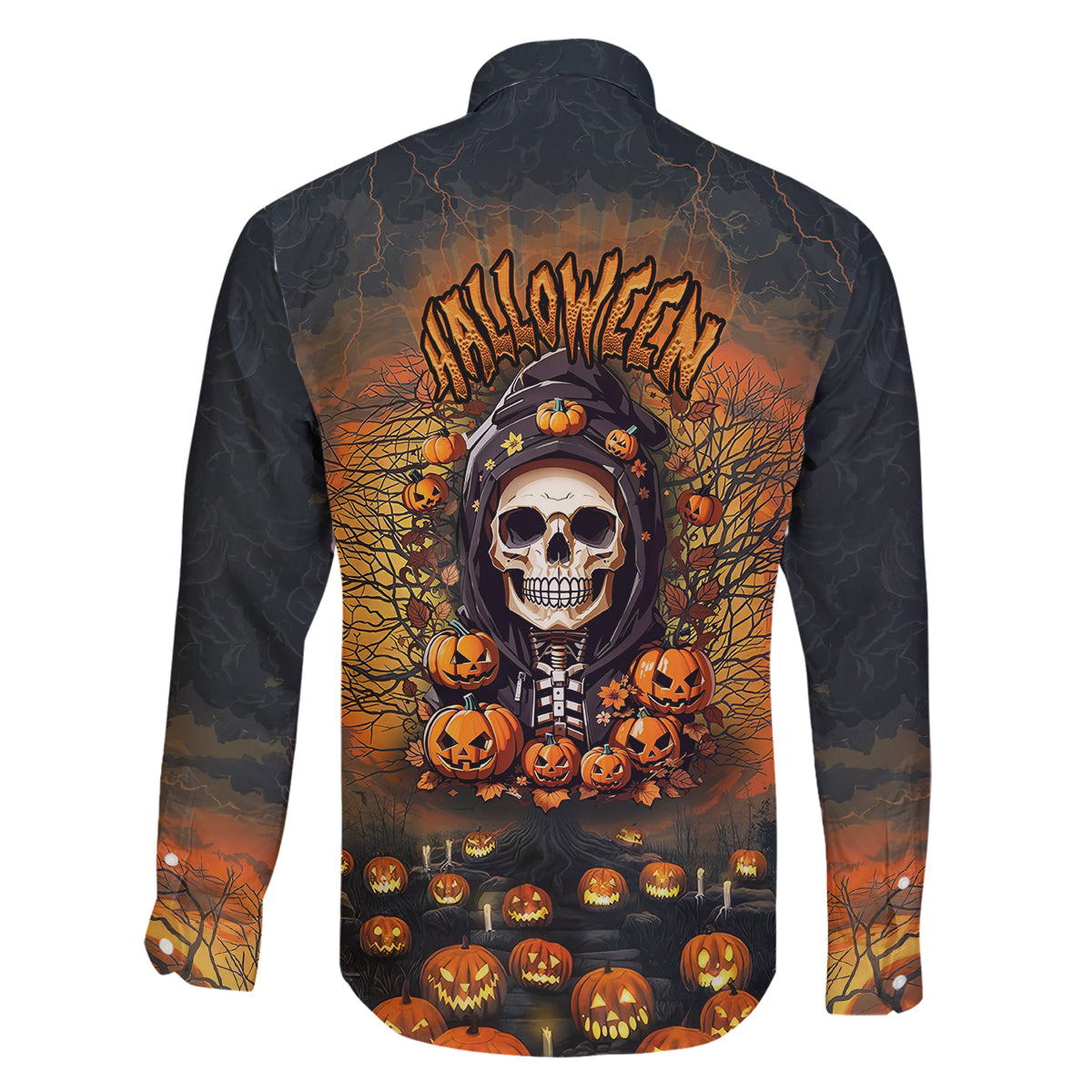 Halloween Skull Family Matching Off Shoulder Long Sleeve Dress and Hawaiian Shirt Pumpkin-Themed - Wonder Print Shop
