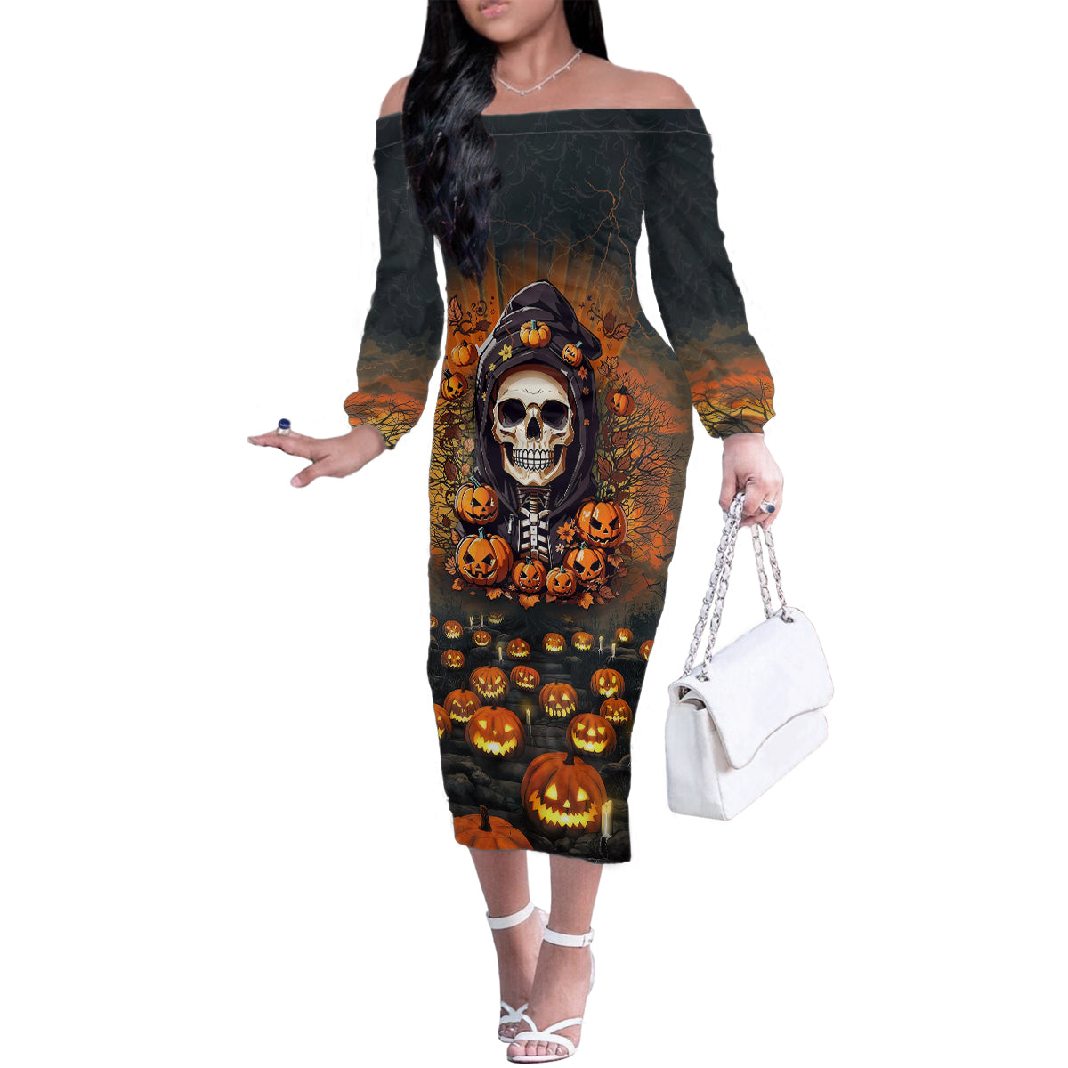 Halloween Skull Family Matching Off Shoulder Long Sleeve Dress and Hawaiian Shirt Pumpkin-Themed - Wonder Print Shop