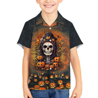 Halloween Skull Family Matching Off Shoulder Long Sleeve Dress and Hawaiian Shirt Pumpkin-Themed - Wonder Print Shop