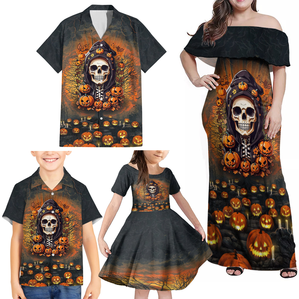 Halloween Skull Family Matching Off Shoulder Maxi Dress and Hawaiian Shirt Pumpkin-Themed - Wonder Print Shop