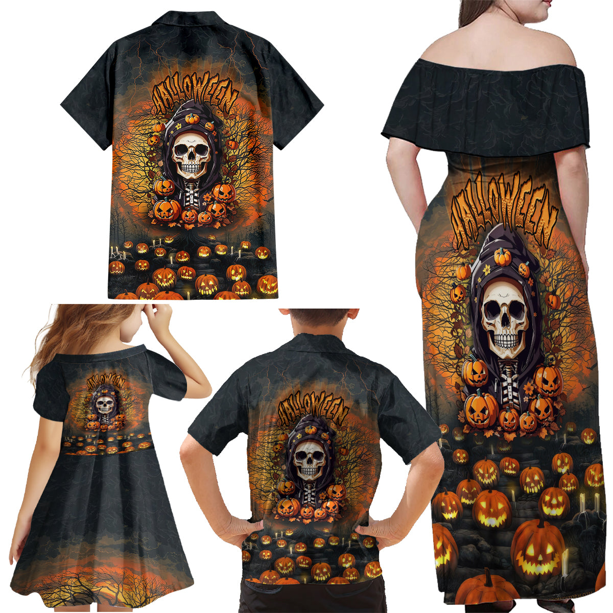 Halloween Skull Family Matching Off Shoulder Maxi Dress and Hawaiian Shirt Pumpkin-Themed - Wonder Print Shop