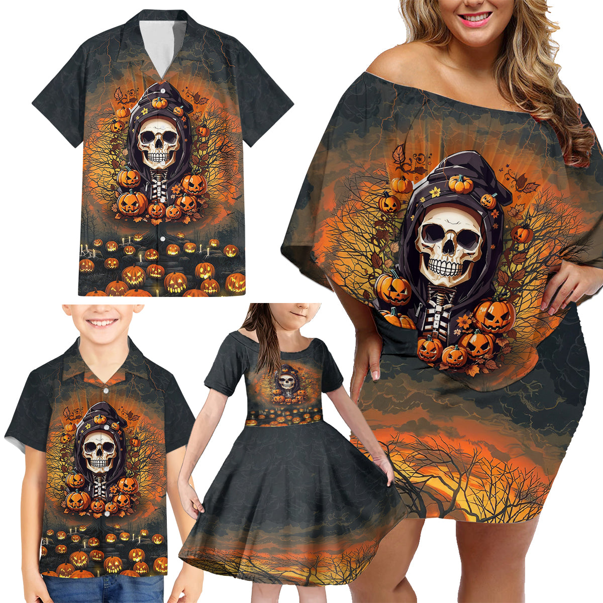 Halloween Skull Family Matching Off Shoulder Short Dress and Hawaiian Shirt Pumpkin-Themed - Wonder Print Shop