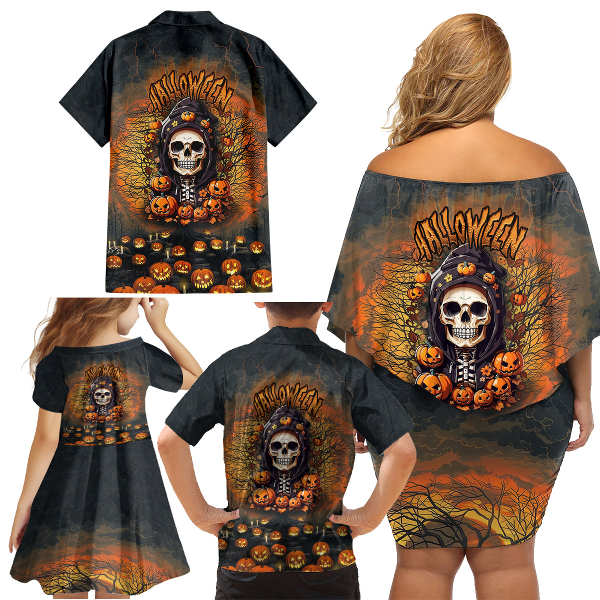 Halloween Skull Family Matching Off Shoulder Short Dress and Hawaiian Shirt Pumpkin-Themed - Wonder Print Shop