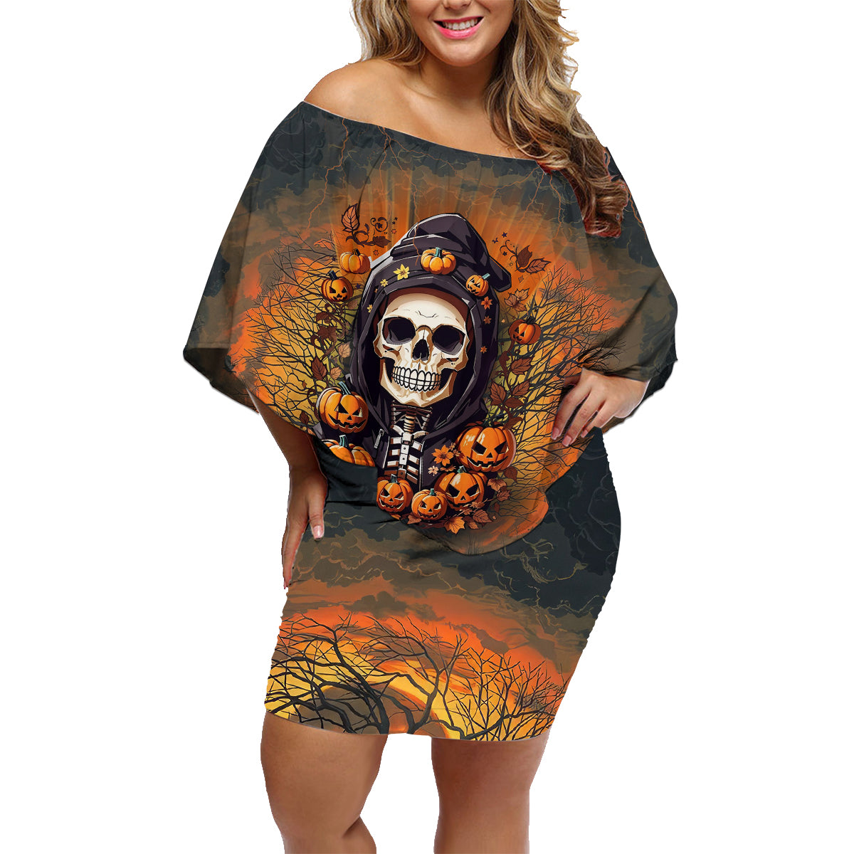 Halloween Skull Family Matching Off Shoulder Short Dress and Hawaiian Shirt Pumpkin-Themed - Wonder Print Shop