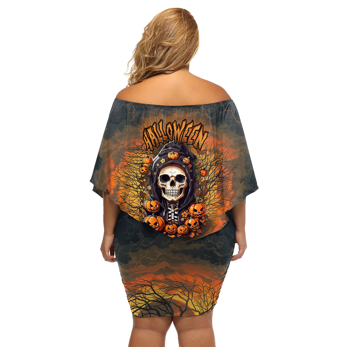 Halloween Skull Family Matching Off Shoulder Short Dress and Hawaiian Shirt Pumpkin-Themed - Wonder Print Shop
