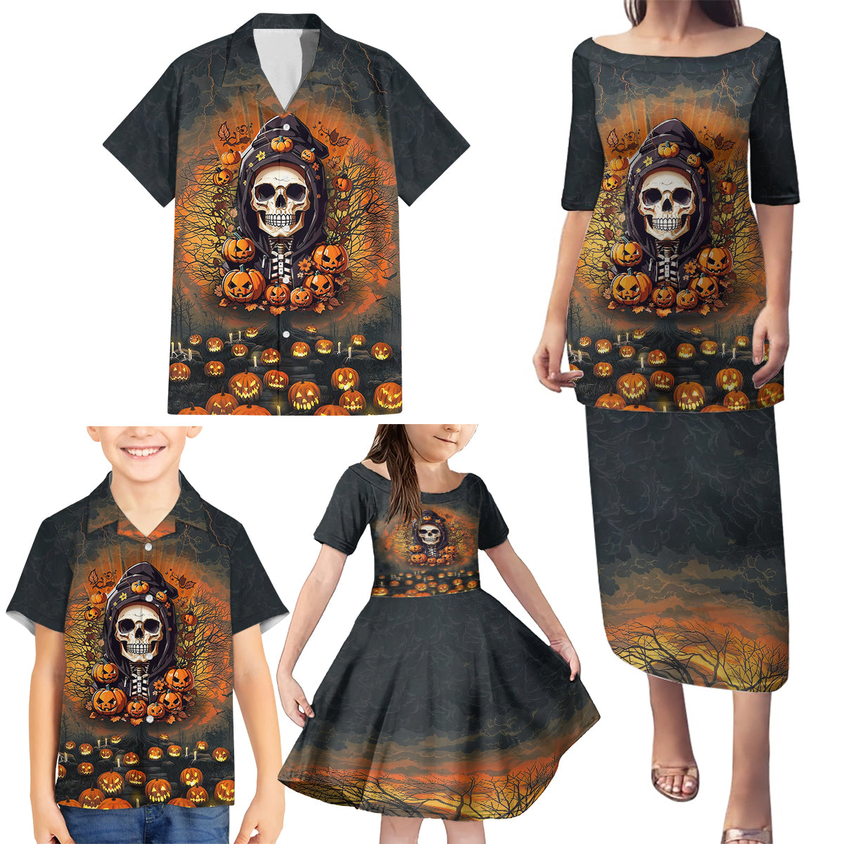 Halloween Skull Family Matching Puletasi Dress and Hawaiian Shirt Pumpkin-Themed - Wonder Print Shop