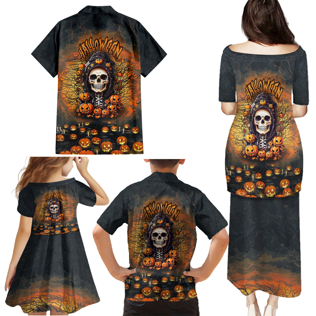 Halloween Skull Family Matching Puletasi Dress and Hawaiian Shirt Pumpkin-Themed - Wonder Print Shop