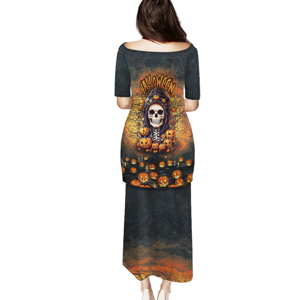Halloween Skull Family Matching Puletasi Dress and Hawaiian Shirt Pumpkin-Themed - Wonder Print Shop