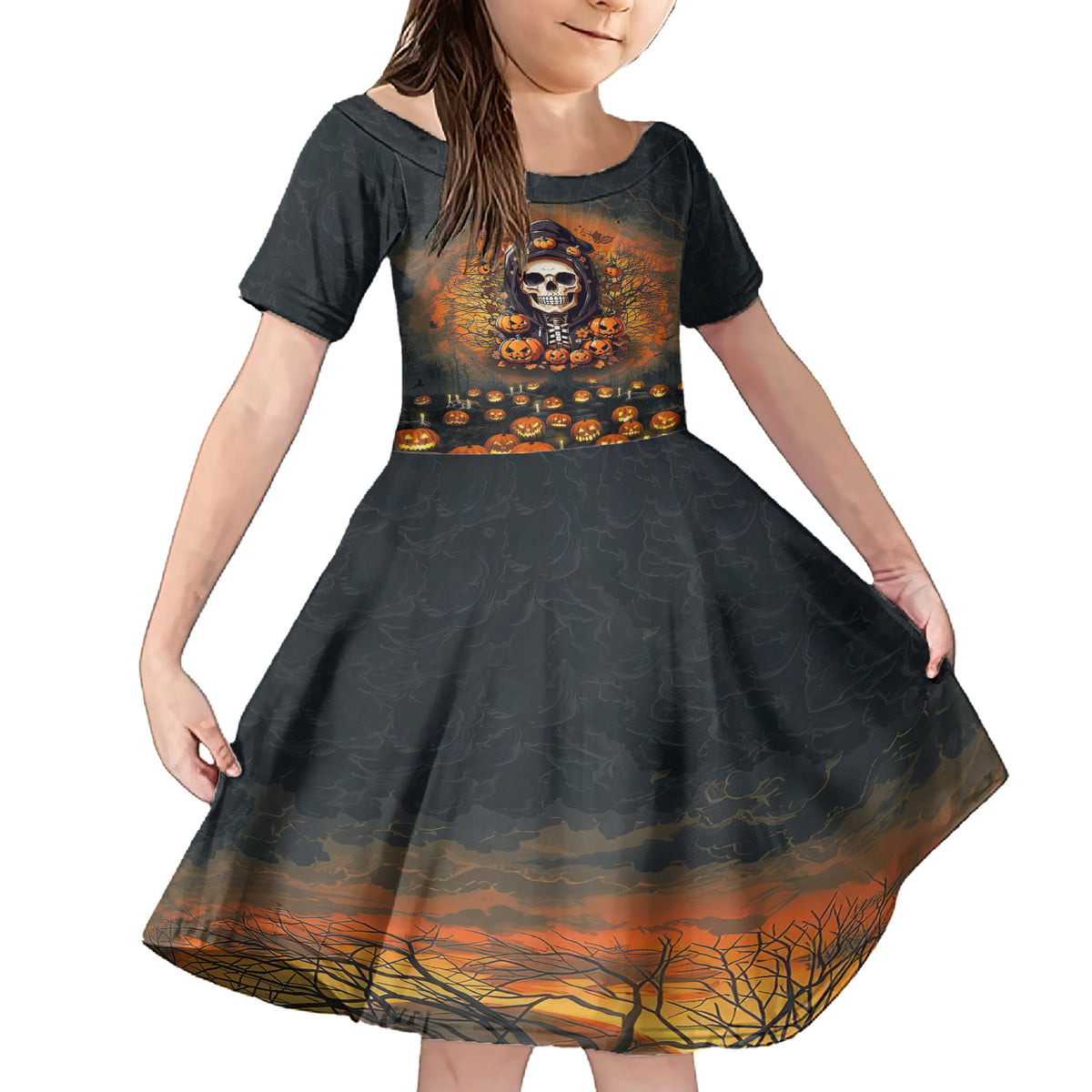Halloween Skull Family Matching Short Sleeve Bodycon Dress and Hawaiian Shirt Pumpkin-Themed - Wonder Print Shop
