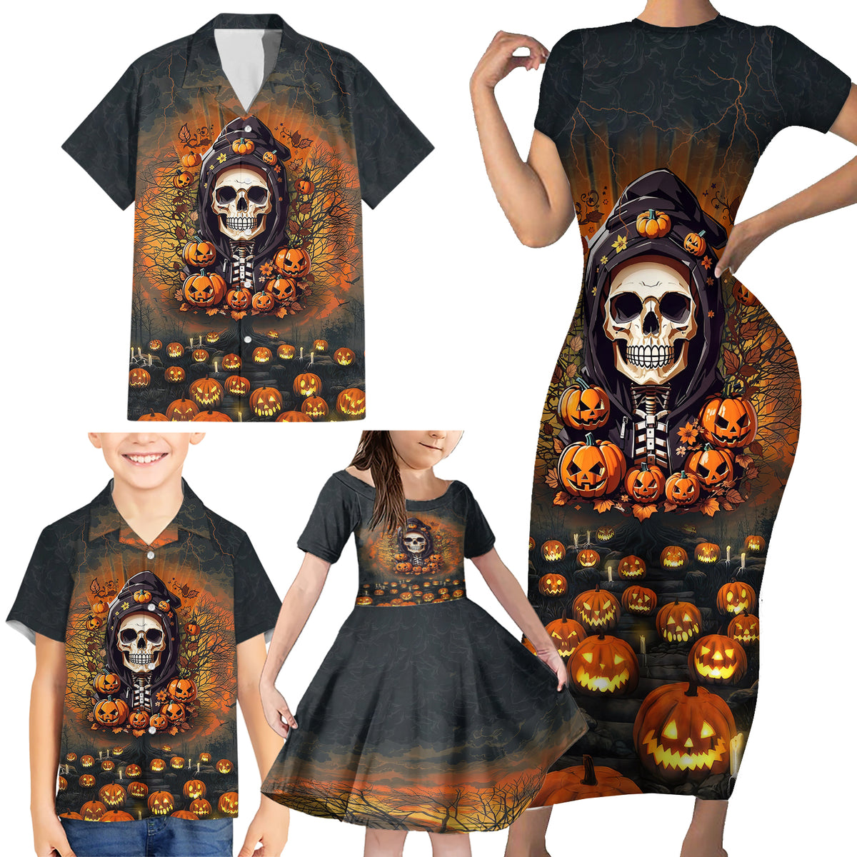 Halloween Skull Family Matching Short Sleeve Bodycon Dress and Hawaiian Shirt Pumpkin-Themed - Wonder Print Shop