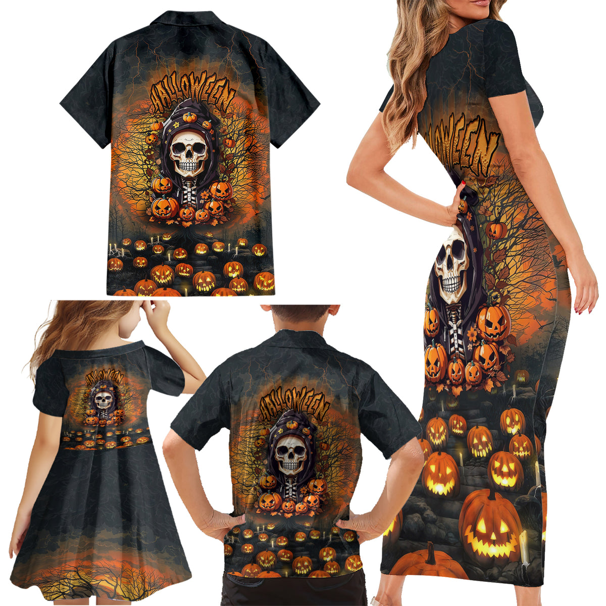 Halloween Skull Family Matching Short Sleeve Bodycon Dress and Hawaiian Shirt Pumpkin-Themed - Wonder Print Shop