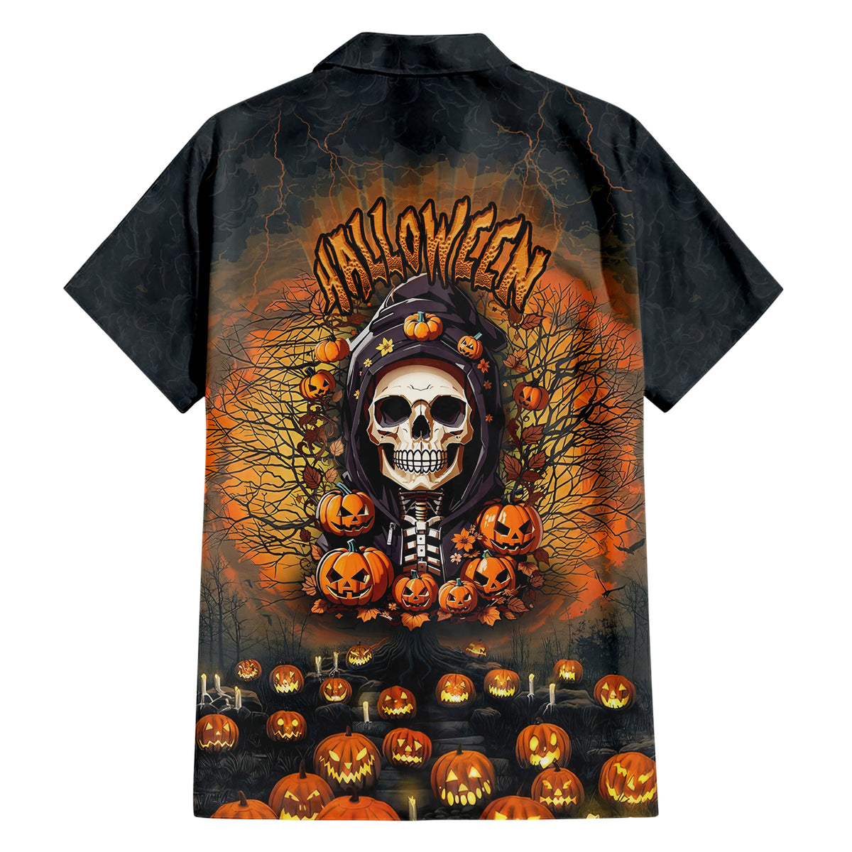 Halloween Skull Family Matching Short Sleeve Bodycon Dress and Hawaiian Shirt Pumpkin-Themed - Wonder Print Shop
