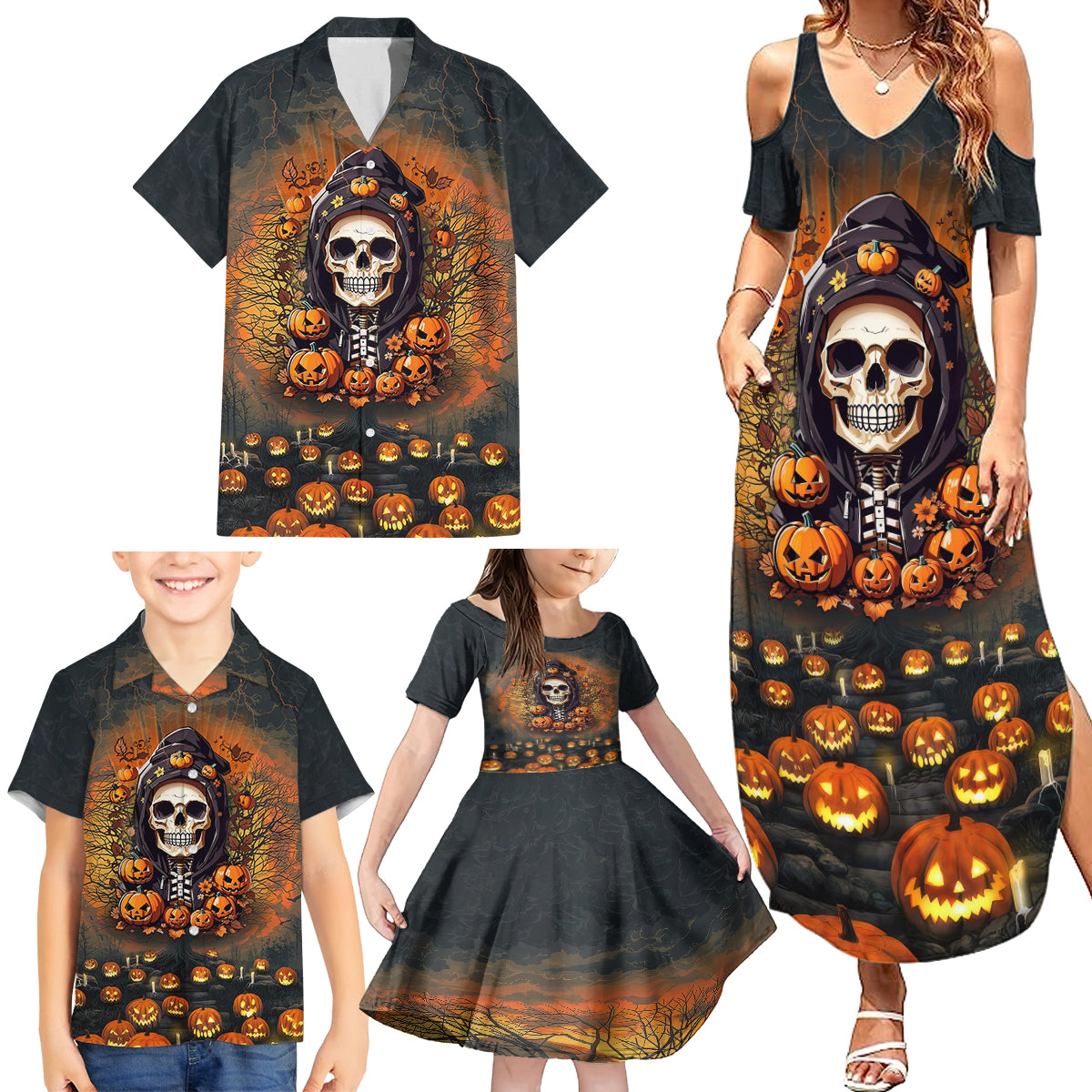 Halloween Skull Family Matching Summer Maxi Dress and Hawaiian Shirt Pumpkin-Themed - Wonder Print Shop