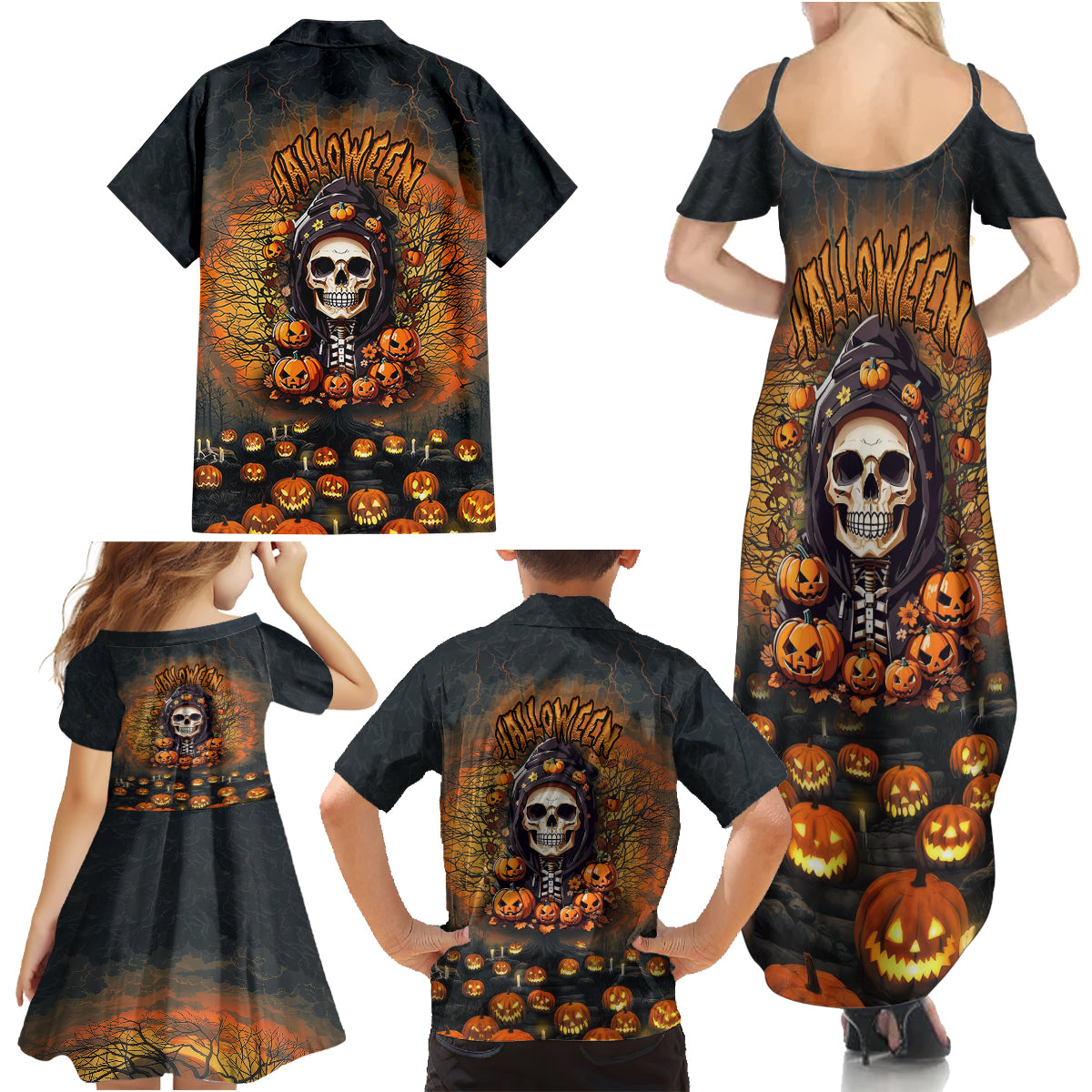 Halloween Skull Family Matching Summer Maxi Dress and Hawaiian Shirt Pumpkin-Themed - Wonder Print Shop