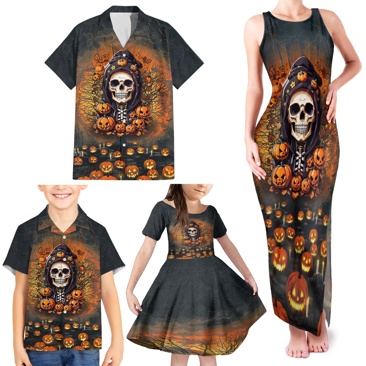 Halloween Skull Family Matching Tank Maxi Dress and Hawaiian Shirt Pumpkin-Themed - Wonder Print Shop