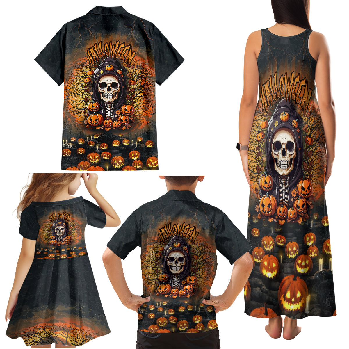 Halloween Skull Family Matching Tank Maxi Dress and Hawaiian Shirt Pumpkin-Themed - Wonder Print Shop
