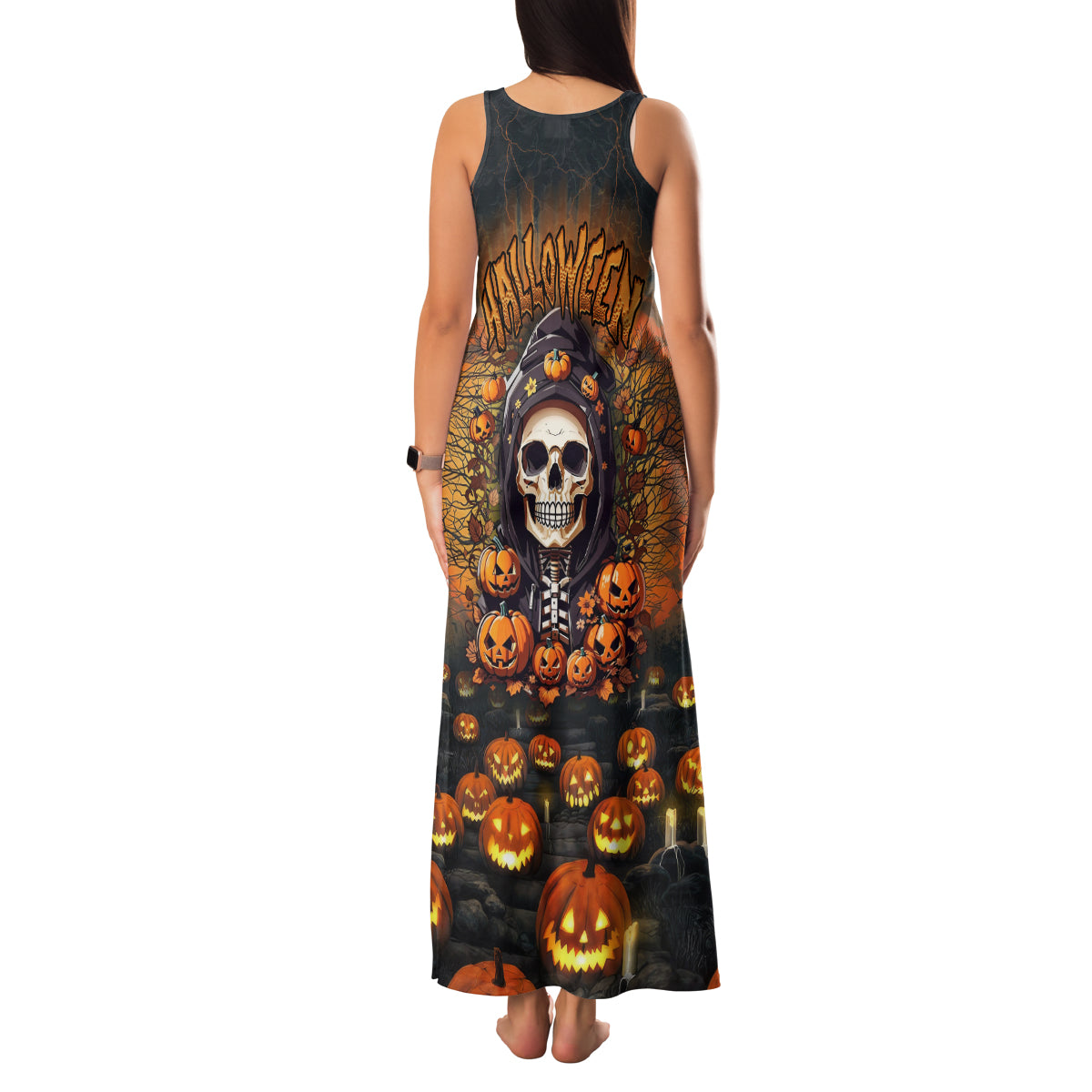 Halloween Skull Family Matching Tank Maxi Dress and Hawaiian Shirt Pumpkin-Themed - Wonder Print Shop