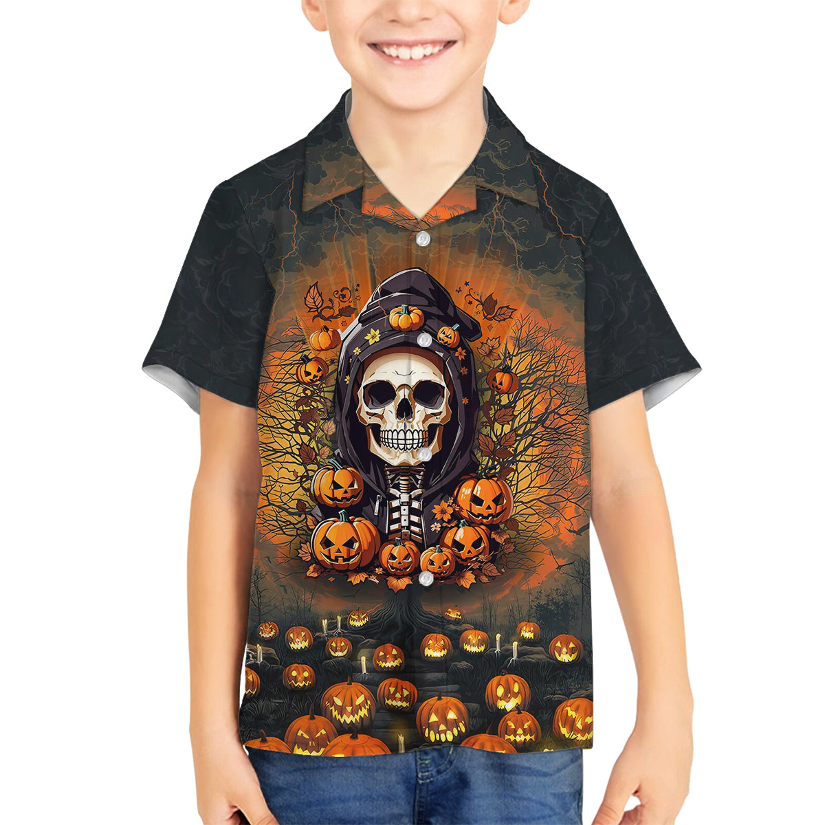 Halloween Skull Family Matching Tank Maxi Dress and Hawaiian Shirt Pumpkin-Themed - Wonder Print Shop