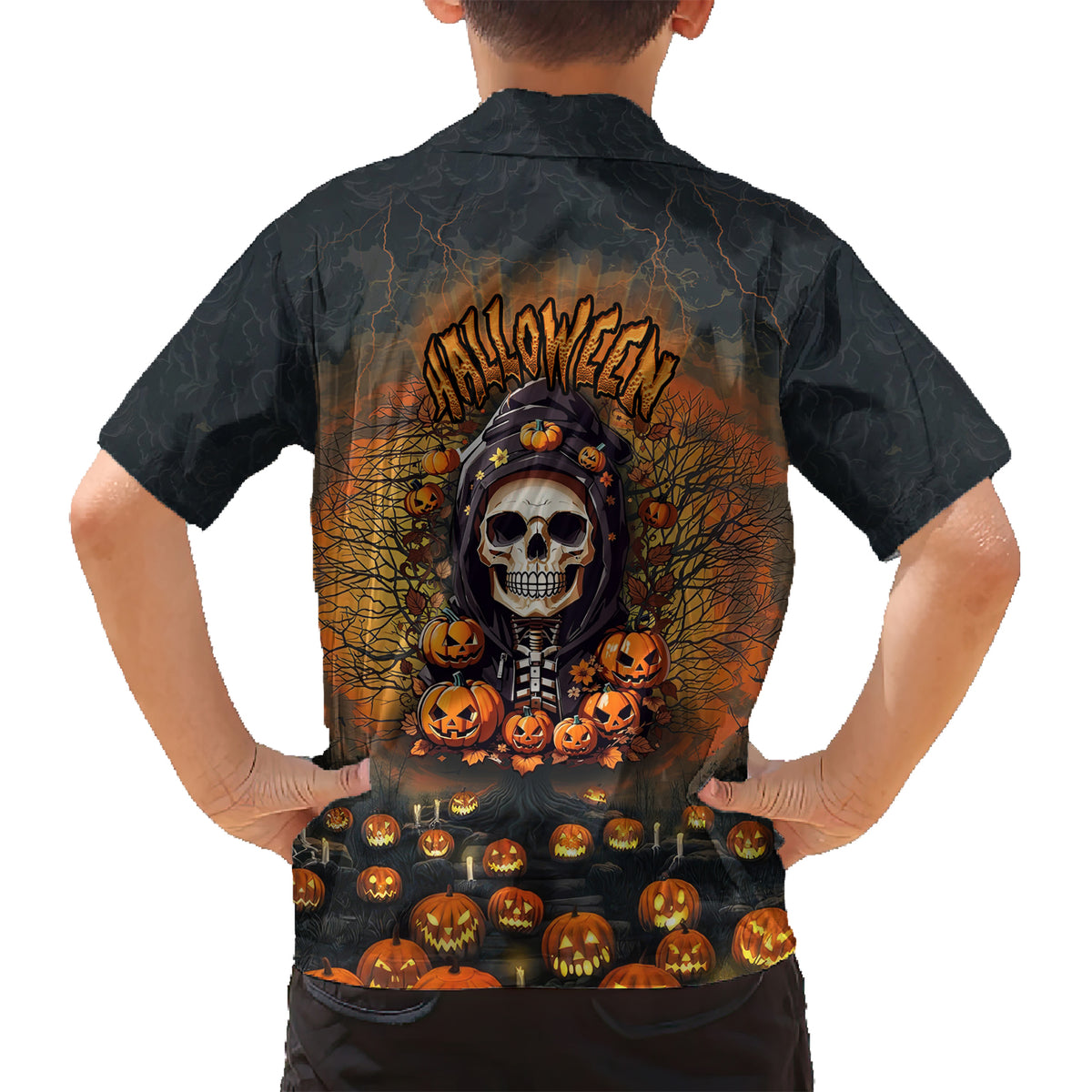 Halloween Skull Kid Hawaiian Shirt Pumpkin-Themed - Wonder Print Shop