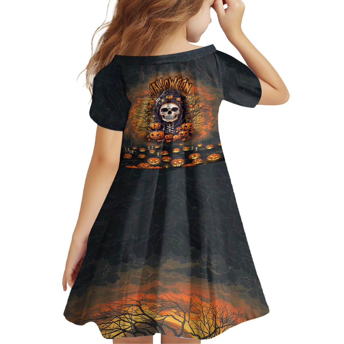 Halloween Skull Kid Short Sleeve Dress Pumpkin-Themed - Wonder Print Shop