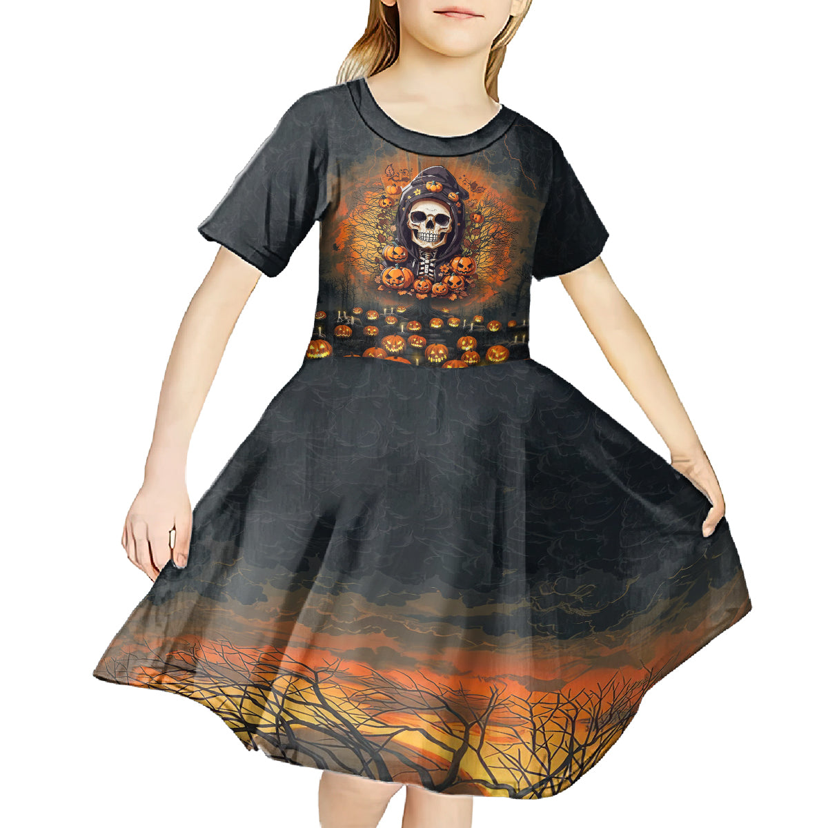 Halloween Skull Kid Short Sleeve Dress Pumpkin-Themed - Wonder Print Shop