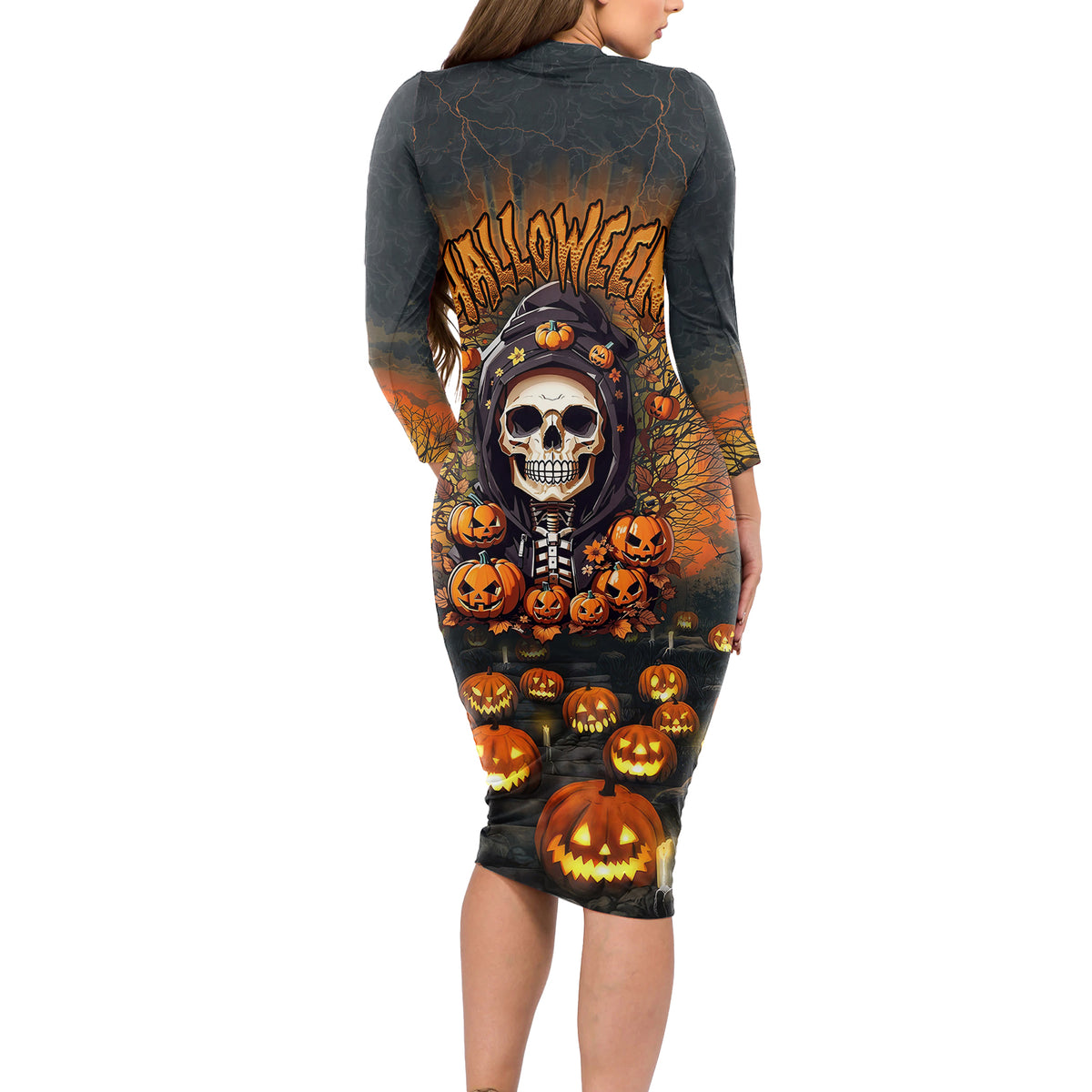 Halloween Skull Long Sleeve Bodycon Dress Pumpkin-Themed - Wonder Print Shop