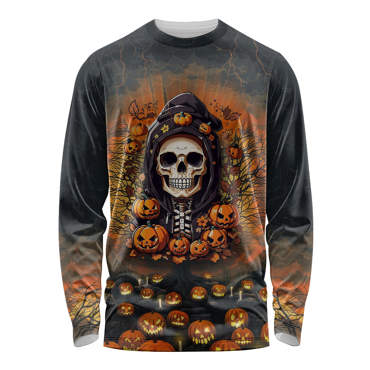 Halloween Skull Long Sleeve Shirt Pumpkin-Themed - Wonder Print Shop