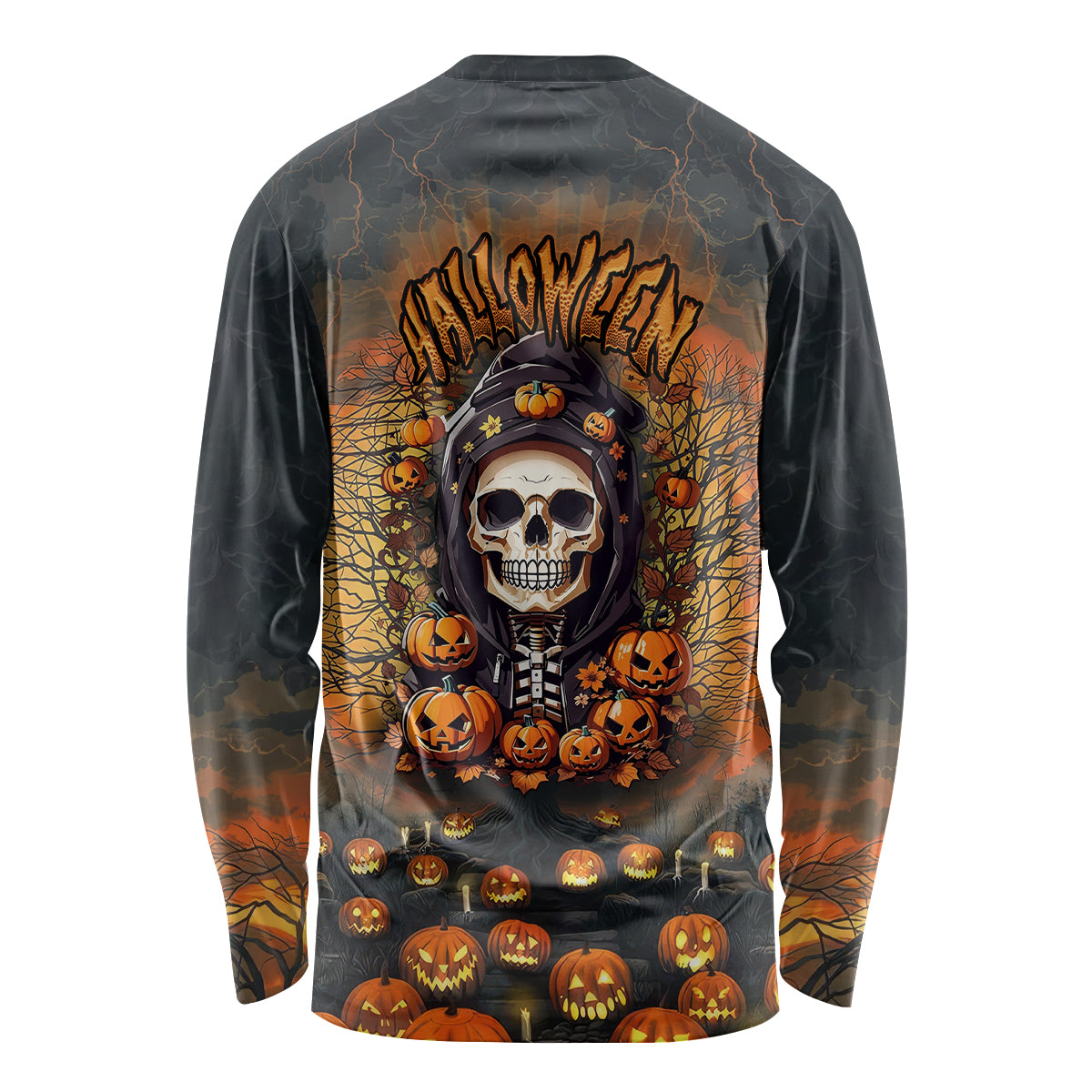 Halloween Skull Long Sleeve Shirt Pumpkin-Themed - Wonder Print Shop