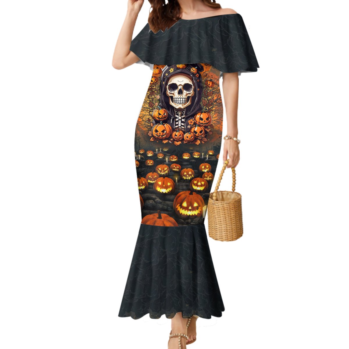 Halloween Skull Mermaid Dress Pumpkin-Themed - Wonder Print Shop