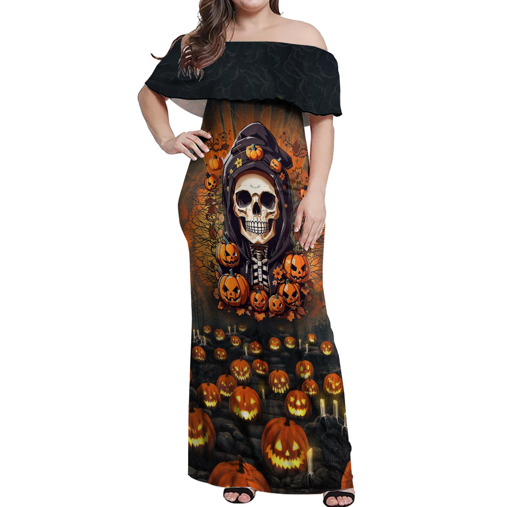 Halloween Skull Off Shoulder Maxi Dress Pumpkin-Themed - Wonder Print Shop