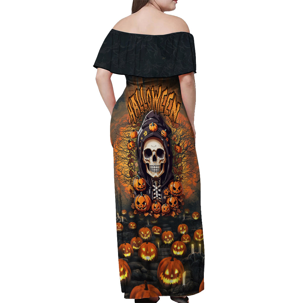 Halloween Skull Off Shoulder Maxi Dress Pumpkin-Themed - Wonder Print Shop