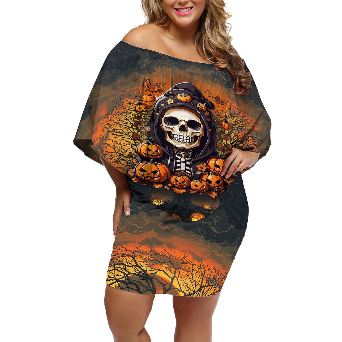 Halloween Skull Off Shoulder Short Dress Pumpkin-Themed - Wonder Print Shop