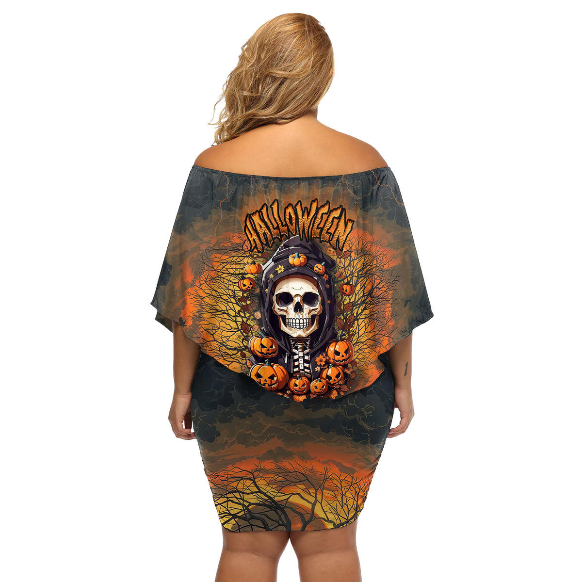 Halloween Skull Off Shoulder Short Dress Pumpkin-Themed - Wonder Print Shop
