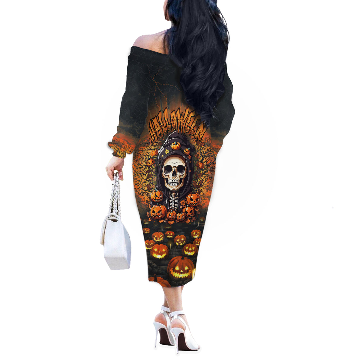 Halloween Skull Off The Shoulder Long Sleeve Dress Pumpkin-Themed - Wonder Print Shop