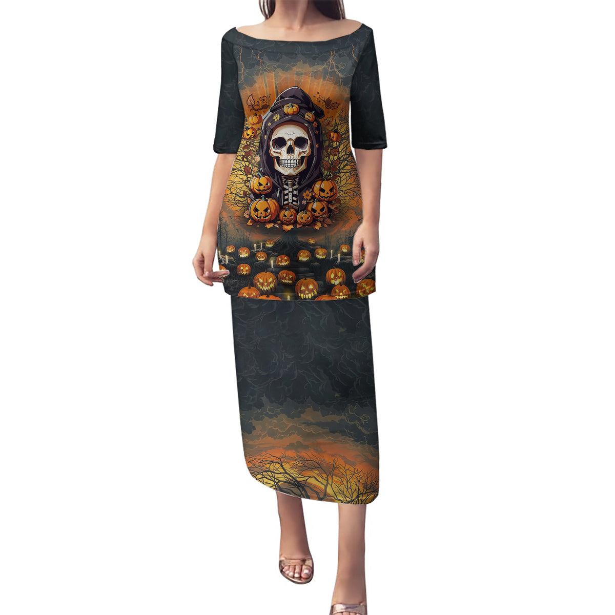 Halloween Skull Puletasi Pumpkin-Themed - Wonder Print Shop