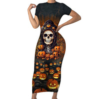 Halloween Skull Short Sleeve Bodycon Dress Pumpkin-Themed - Wonder Print Shop