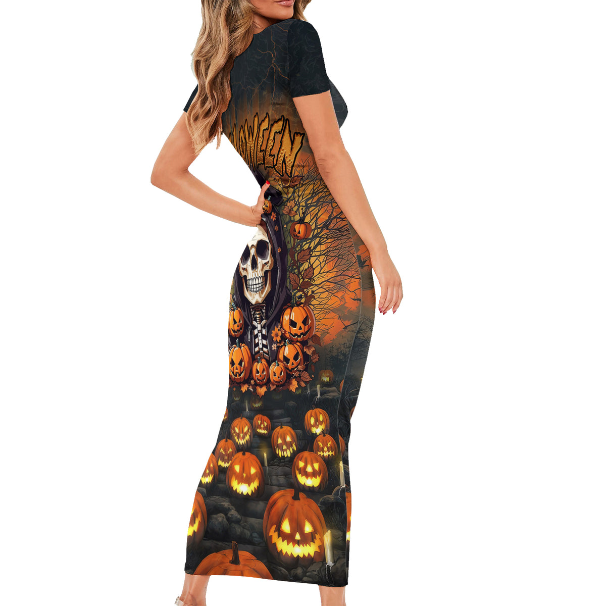 Halloween Skull Short Sleeve Bodycon Dress Pumpkin-Themed - Wonder Print Shop