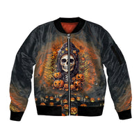 Halloween Skull Sleeve Zip Bomber Jacket Pumpkin-Themed - Wonder Print Shop