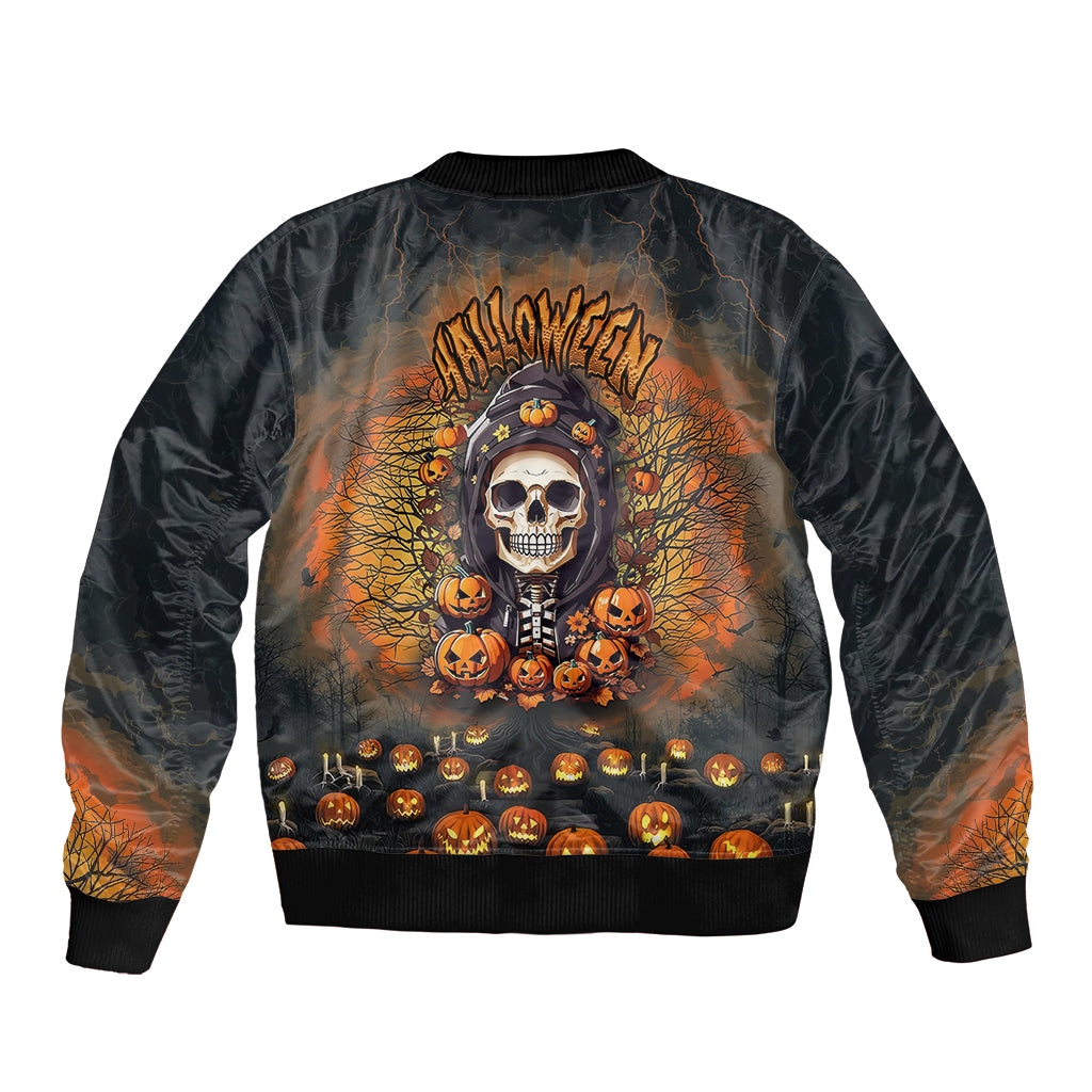 Halloween Skull Sleeve Zip Bomber Jacket Pumpkin-Themed - Wonder Print Shop