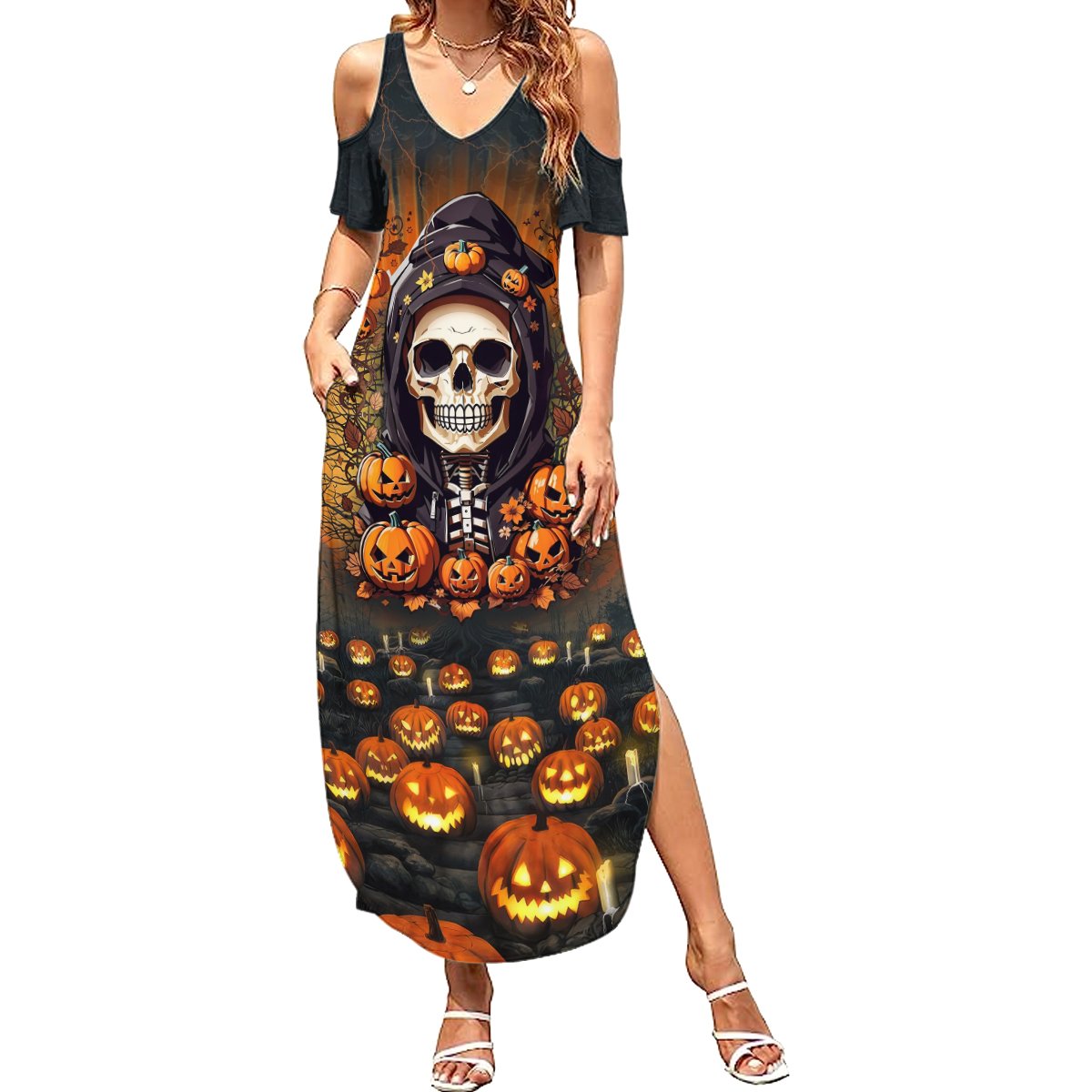 Halloween Skull Summer Maxi Dress Pumpkin-Themed - Wonder Print Shop