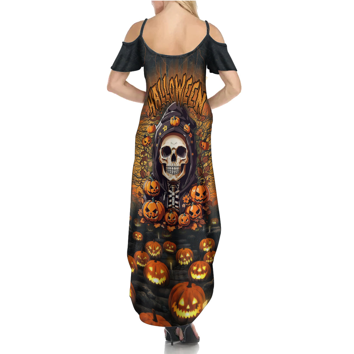 Halloween Skull Summer Maxi Dress Pumpkin-Themed - Wonder Print Shop