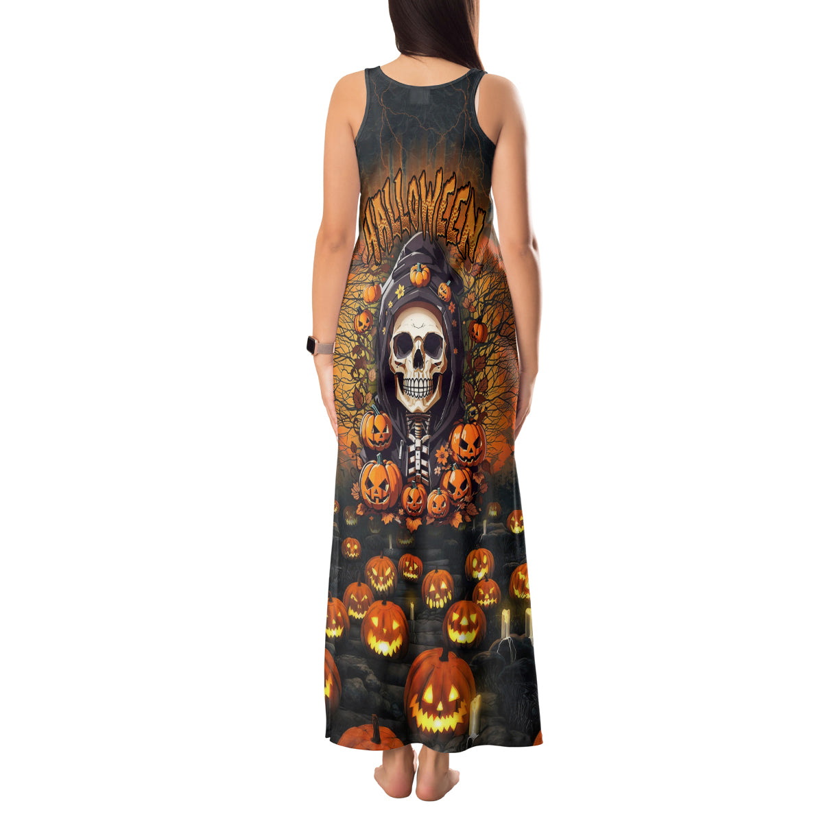 Halloween Skull Tank Maxi Dress Pumpkin-Themed - Wonder Print Shop