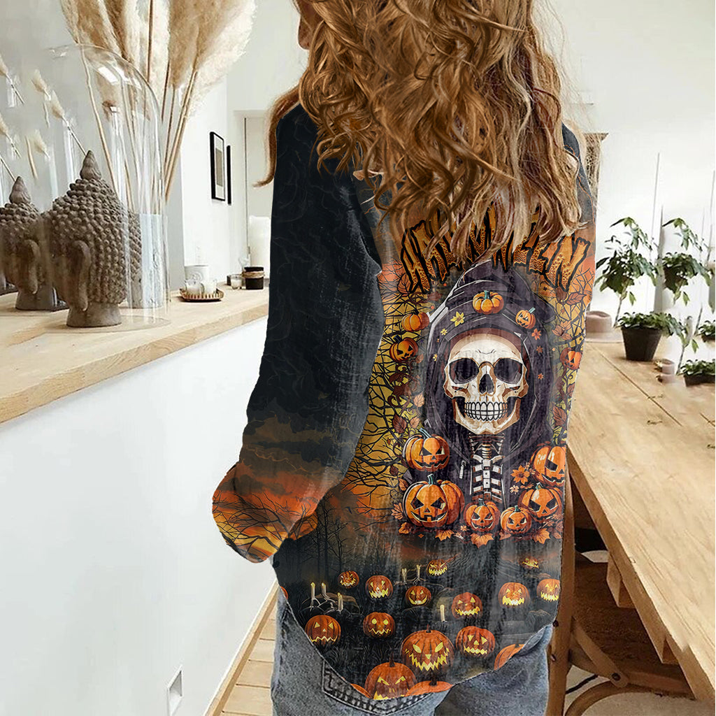 Halloween Skull Women Casual Shirt Pumpkin-Themed - Wonder Print Shop